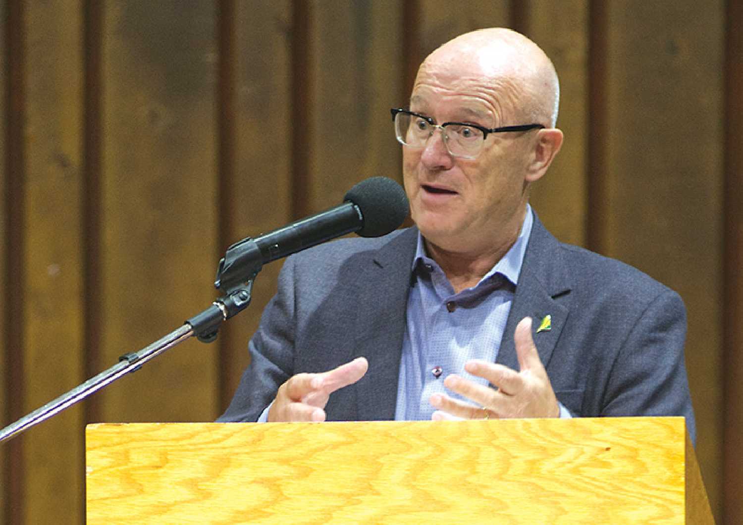 Melville-Saltcoats MLA Warren Kaeding speaking at a public meeting in Esterhazy in August.